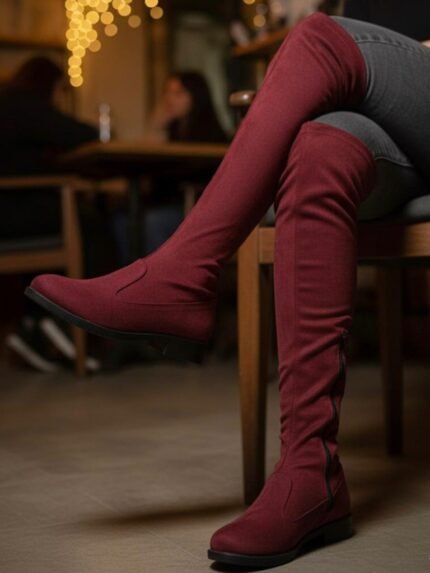 بوت طويل استريتش شمواه ليكرا مستورد – كعب فلات – من مرامش