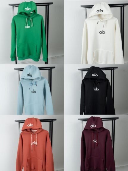 هودي ALO قطن 100% – أسود ALO Premium Cotton Hoodie – White هودي ALO كشمير – مرامش هودي ALO أخضر – Unisex Hooded Sweatshirt ALO – Baby Blue