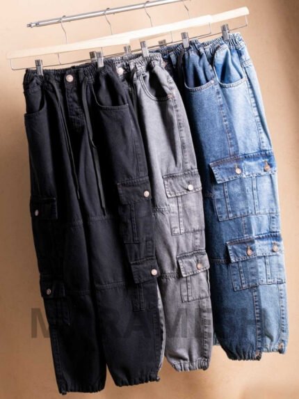 شروال جينز كارجو شبابي رباط واستيك عند القدم