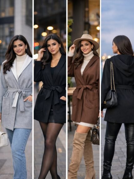 • كوت حريمي جوخ شيك بحزام شتوي